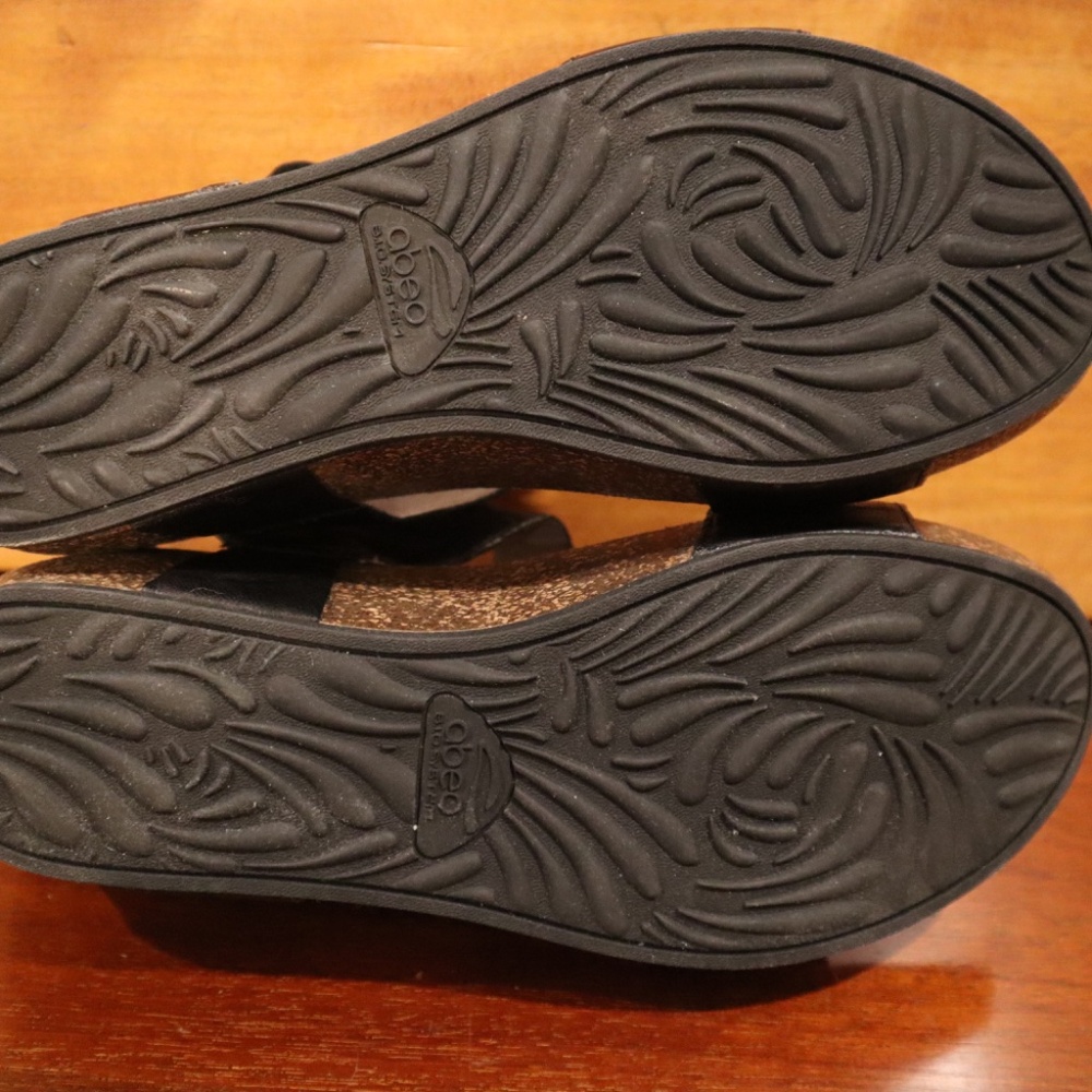 Abeo BIO Una Wedge Sandal Black Leather Women's 10N Cork Detail Adjustable Strap - Picture 5 of 6